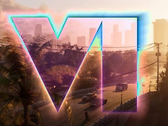 Neon 'VI' silhouette over a Vice City-inspired skyline